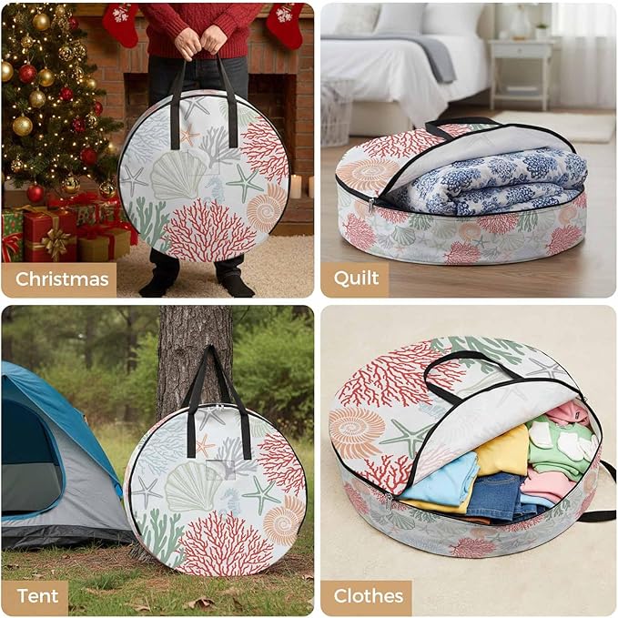 Red Coral Round Storage Bag 30 Inch, Sage Green Starfish Ocean Coastal Seashell Clothes Storage Container with Handles Heavy Duty Organizer for Comforter, Bedding & Holiday Wreaths