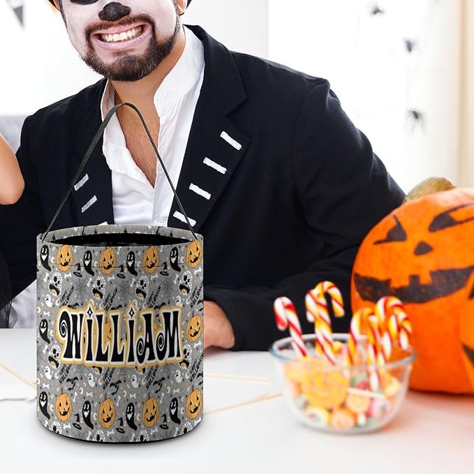 Personalized Halloween Trick or Treat Candy Bag with Name Custom Text Party Tote Bucket Halloween Candy Basket Gift (Bag-3)