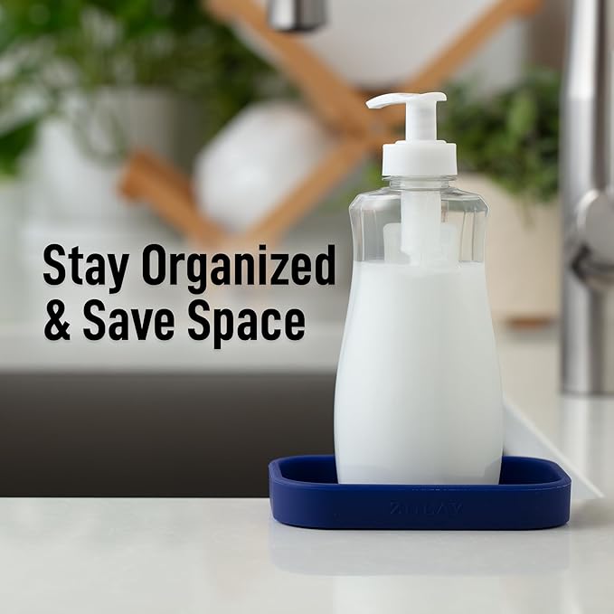 Zulay Kitchen Small Silicone Sponge Holder (4.9x3.3”) – Space-Saving Sink Organizer Tray for Sponge, Soap, Brush & More – Compact Non-Slip Dish for Kitchen & Bathroom (Dark Blue)