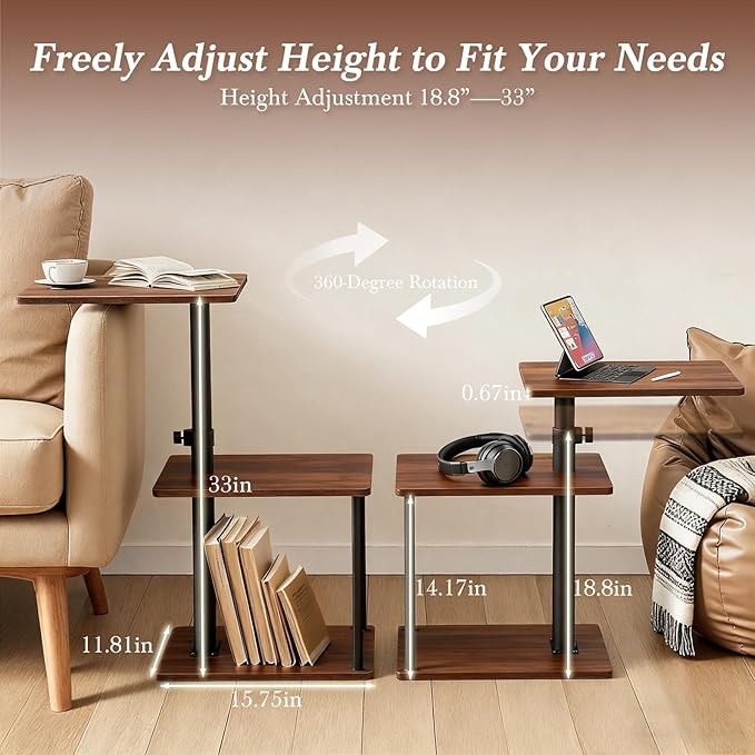Faesun Swivel Side Table for Couch Arm, Height Adjustable C Shaped End Table for Recliner or Bed, Tv Trays with Storage Shelf for Small Spaces- Small Nightstand for Living Room, Bedroom