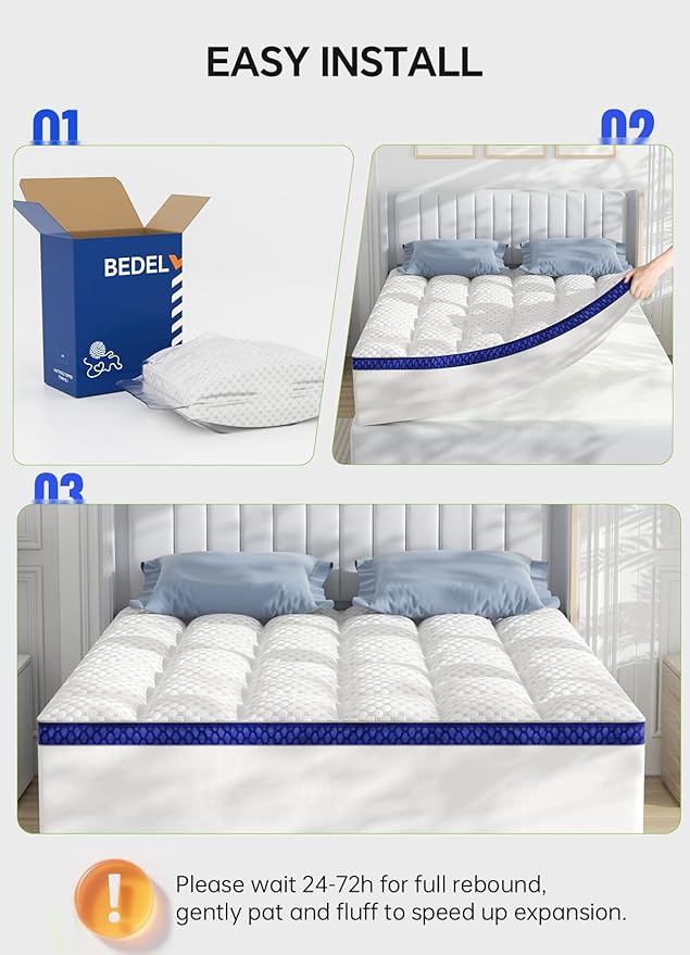 BEDELITE Twin Mattress Topper 3 Inch Thick Mattress Pad, Plush Pillow Top Bed Cover with Elastic Deep Pockets Up to 6-24 Inch for Pressure Relief, Shredded Memory Foam Filling