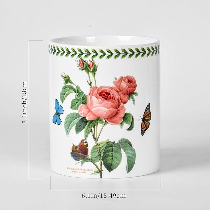 Floral Kitchen Utensil Holder, 7.1 Inch Large Ceramic Crock, Sunflower Pattern, White Kitchen Counter Organizer (pink rose)