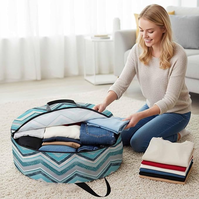 Storage Bag Aqua Turquoise Chevron Round Storage Totes Bins Closet Organizers with Zippers & Handle Geometric Design Stripe Clothes Storage Container for Bedroom Dorm Space Saving Packing Supplies