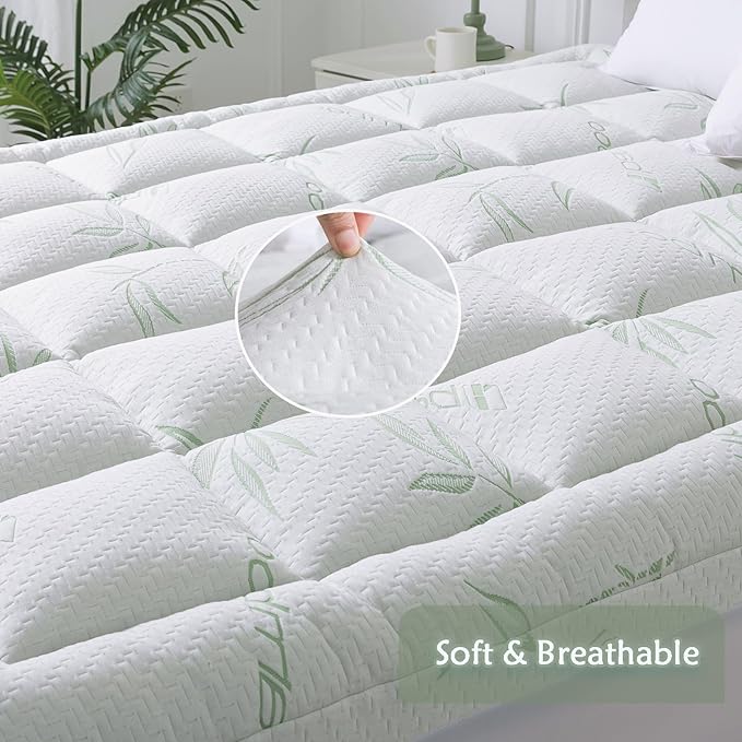 WhatsBedding Queen Mattress Topper, Soft Pillow Top Mattress Topper with Deep Pocket Fits 8–21 Inch,7D Spiral Fiber Filling, Bamboo Viscose Air Layer Mattress Topper Queen.
