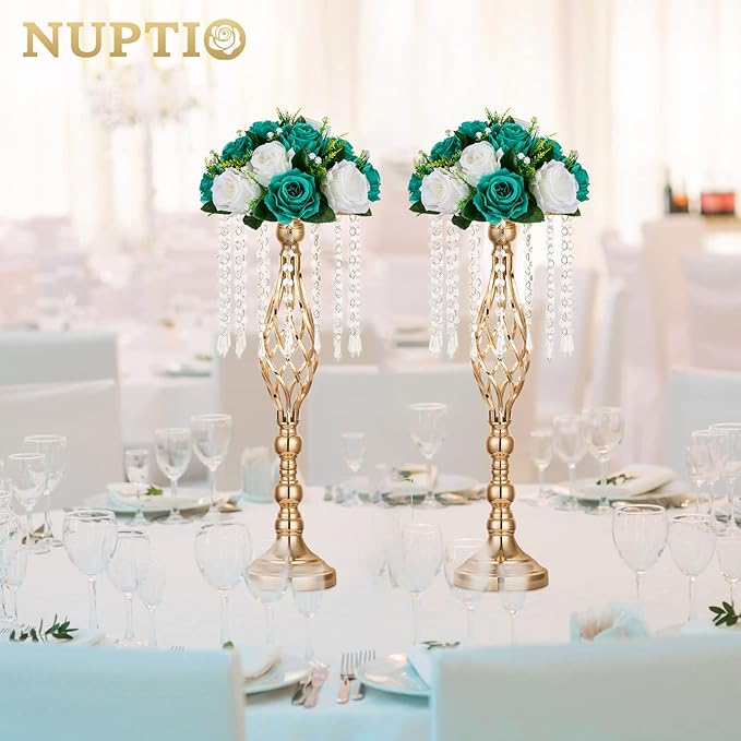 NUPTIO Flower Ball Centrepieces for Tables - Teal & White Artificial Flowers Rose for Centerpieces - Fake Rose Arrangements for Wedding Birthday Party St Patricks Day Decor 2 Pcs