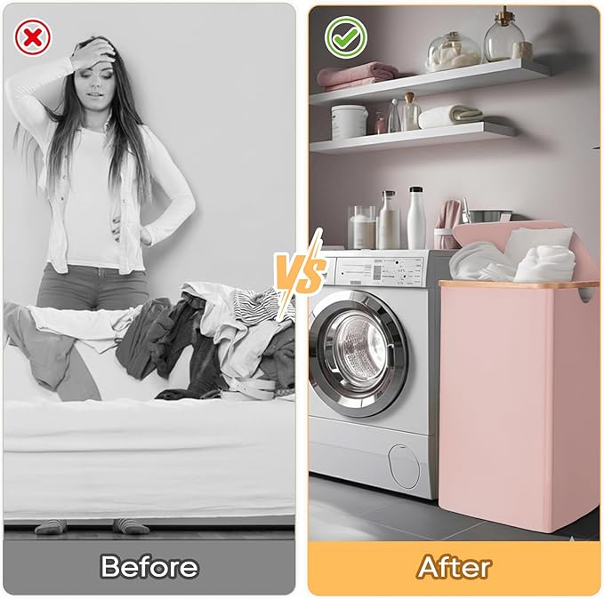 BALEINE Laundry Hamper with Lid, Tall Laundry Baskets with Bamboo Pull Handles, Large Laundry Bin with Internal Support (18 Gal/70L, Pink)