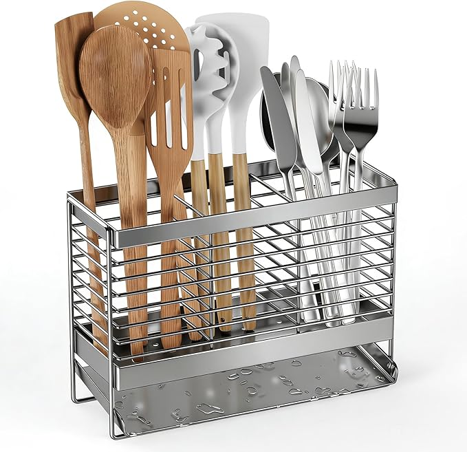 Utensil Holder, Upgrade Stainless Steel Utensil Drying Rack with Automatic Drain Tray for Kitchen Counter, Silverware Cutlery Organizer for Spoons, Forks, Knifes, Chopsticks (Silver)