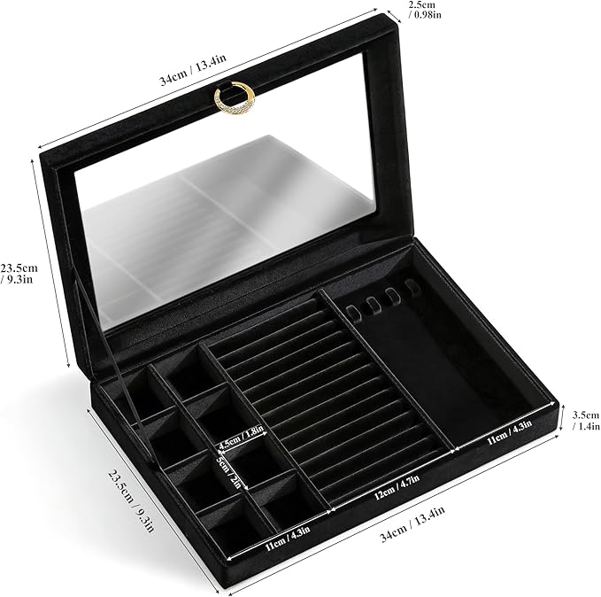 bussdis Glass Lid Jewelry Organizer Box – Black Velvet Jewelry Case with Ring Slots, Necklace Hooks & Removable Compartments for Earrings, Rings & Bracelets