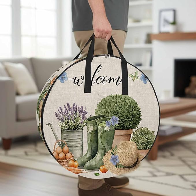 36 Inch Round Storage Bag 2 Pack,Farm Lavender Egg Radish Waterproof Wreath Storage Container with Handles&Zipper Retro Flowers on Linen Closet Organizer Bags Garland Box