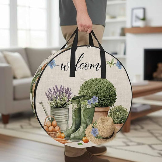 24 Inch Round Storage Bag 1 Pack,Farm Lavender Egg Radish Waterproof Wreath Storage Container with Handles&Zipper Retro Flowers on Linen Closet Organizer Bags Garland Box