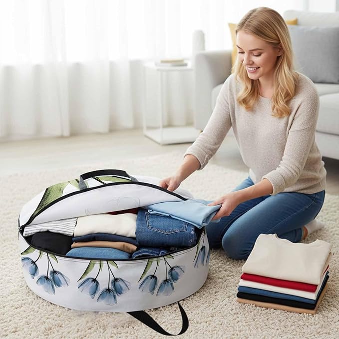 Blue Tulip Round Storage Bag 36 Inch, Country Flower Pastoral Style Clothes Storage Container with Handles Heavy Duty Organizer for Comforter, Bedding & Holiday Wreaths