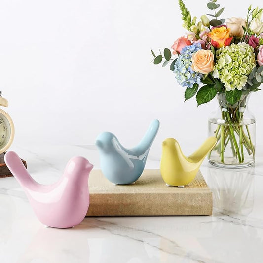 AceOrbit 3 Pcs Spring Small Animal Statues Pink Birds Decor Pastel Color Sculpture Ornaments Blue Yellow Bird Figures for Spring Home Office Table Desktop Bookshelf Mantelpiece Shelf