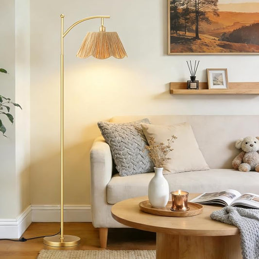 Ambimall 60" Floor Lamps for Living Room with 3 Color Temperatures, Gold Floor Lamp with Rattan Shade, Modern Tall Lamps for Bedroom Office, 9W LED Bulb Included