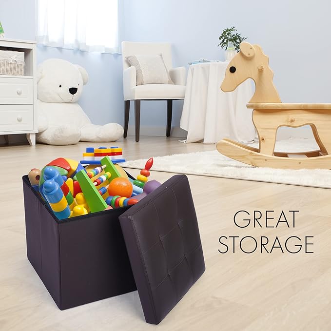 LotFancy Storage Ottoman Cube, Brown Foot Stool Ottoman,13x12x12 inch Square Ottoman with Lid, Faux Leather Seat for Dorm