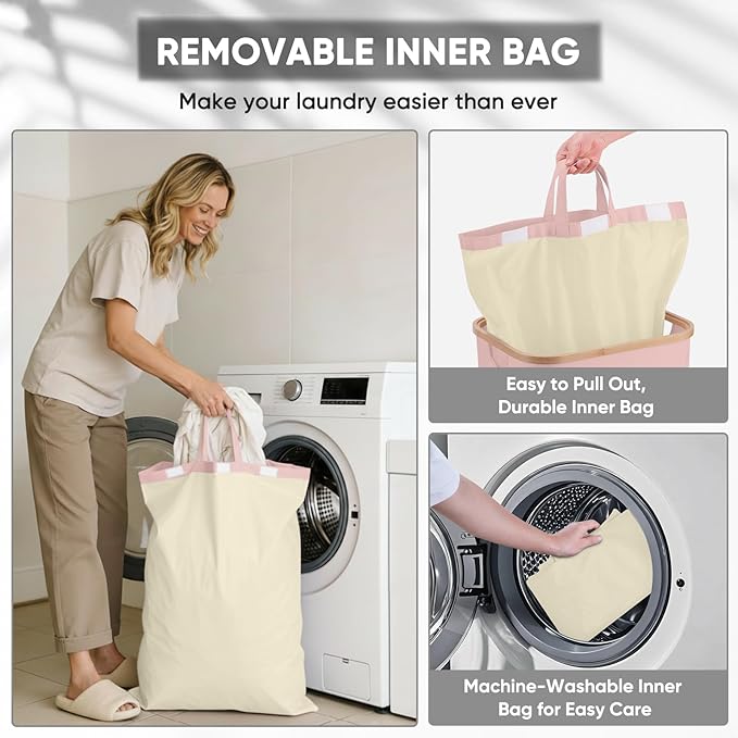 BALEINE Laundry Hamper with Lid, Tall Laundry Baskets with Bamboo Pull Handles, Large Laundry Bin with Internal Support (26 Gal/100L, Pink)