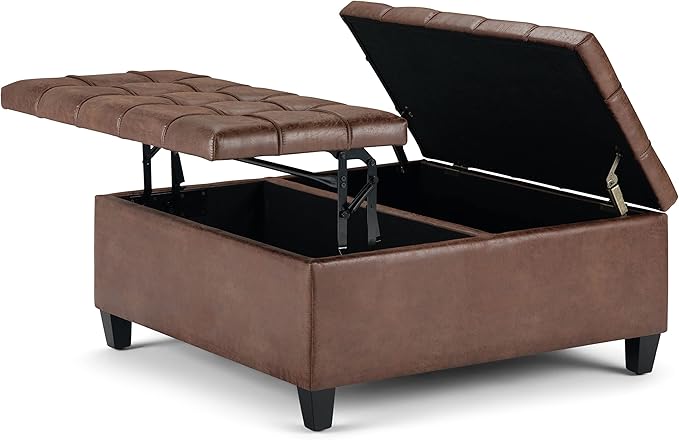 SIMPLIHOME Harrison Coffee Table Storage Ottoman - 36 inch Wide Upholstered Vegan Leather Square Lift-Top Ottoman in Distressed Umber Brown, Transitional Ottoman for Living Room with Storage