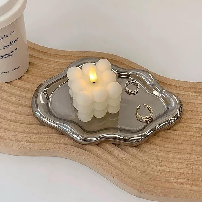 Jewelry Tray for Women, Cloud Shape Ceramic Trinket Dish, Jewelry Organizer Storage Holder for Ring Earring Bracelet Necklace, Make Up Organizer (White) (Silver)