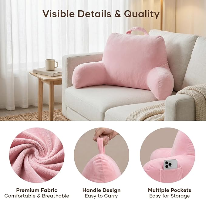 NOONTIDE Reading Pillow for Sitting up in Bed and Couch,Large Back Pillow for Adult & Teens with Soft Adjustable Neck Roll Backrest Pillow,Washable Cover,Watching TV/Gaming/Relaxing(Pink)