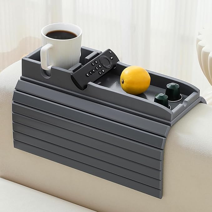 Bamboo Couch Cup Holder Arm Tray，Foldable Couch Drink Holder Armrest Table，Sofa Arm Rest Tray，Flexible Arm Chair Table Recliners for Drink,Cups, Snacks, Phone, Remote (Grey)