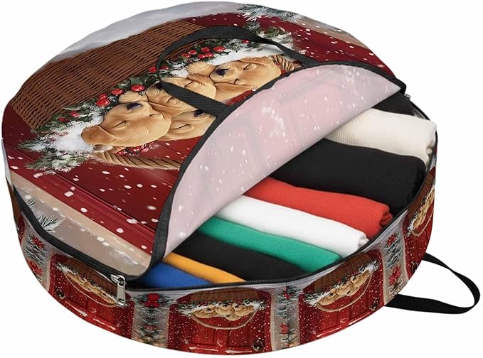 Winter Christmas Round Storage Bag 24 Inch, Golden Retriever Basket Red Front Door Clothes Storage Container with Handles Heavy Duty Organizer for Comforter, Bedding & Holiday Wreaths