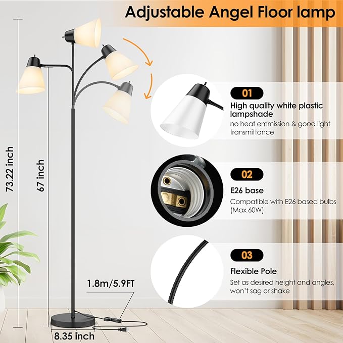 Coucrek Floor Lamp for Living Room, Adjustable Head Standing Lamp with White Plastic Shade, Black Reading Floor Lamps for Dorm, Bulb not Included