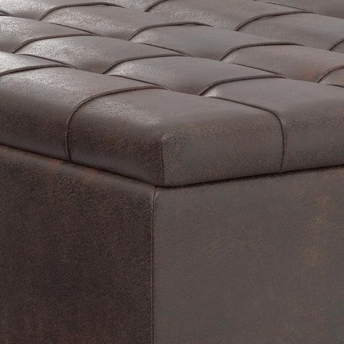 SIMPLIHOME Harrison Large Coffee Table Storage Ottoman - 40 inch Wide Upholstered Vegan Leather Square Lift-Top Ottoman in Distressed Brown, Transitional Bench for Living Room with Sturdy Base