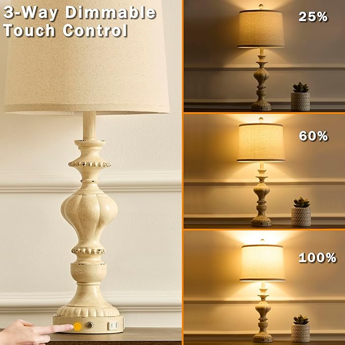 SAIWEYA 27.5" Farmhouse Table Lamps Set of 2 Bedside Nightstand Lamp with USB C+A Ports & AC Outlet, 3 Way Dimmable Touch Lamps for Bedroom Living Room Office Hallway Rustic Traditional Lamp