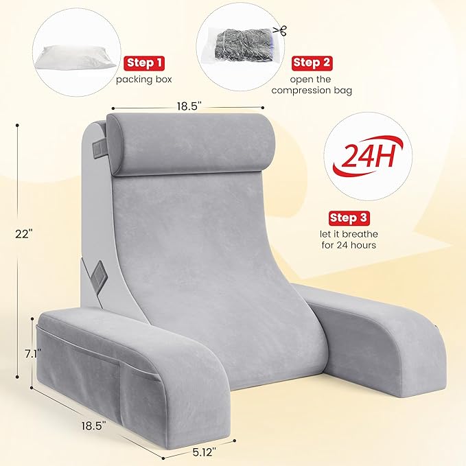 Homkdom Reading Pillow for Sitting in Bed Adult, 22" Back Pillow for Bed Sitting up with Armrests & Storage Pockets, Ergonomic Wedge Pillow for Watching TV, Gaming, Working, Recovery, 5PCS, Light Grey