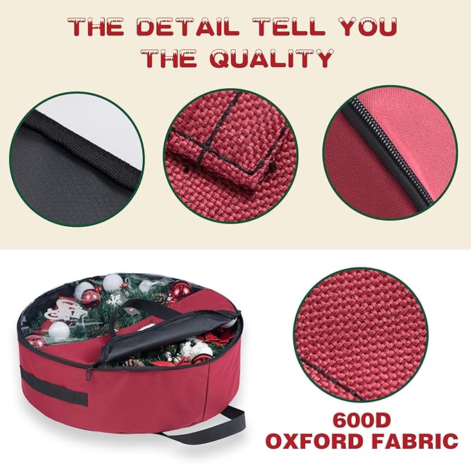 Christmas Wreath Storage Bag 24 inch Christmas Decoration Container with Transparent Window Garland Storage Bag with Three Handles Double Zipper (red) (24")
