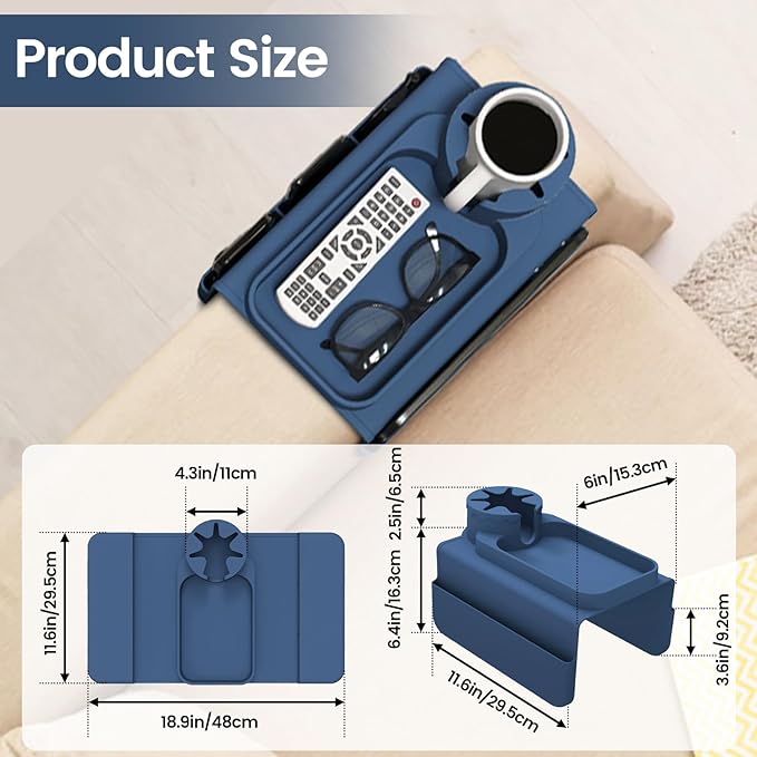 Couch Cup Holder Tray, Silicone Sofa Armrest organizer with Assesory Side Pockets for storage Remote, Cell-phone,Tablet or Snack, Anti-Spill and Anti-Slip Couch Drink Holder Caddy(Blue)