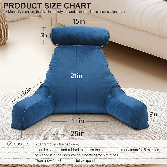 Reading Pillow for Sitting in Bed Adult with Detachable Neck Roll & Big Backrest Pillow for Bed Sitting up with Arms Side Pocket Shredded Foam Back Pillows Chair Pillow with Washable Cover