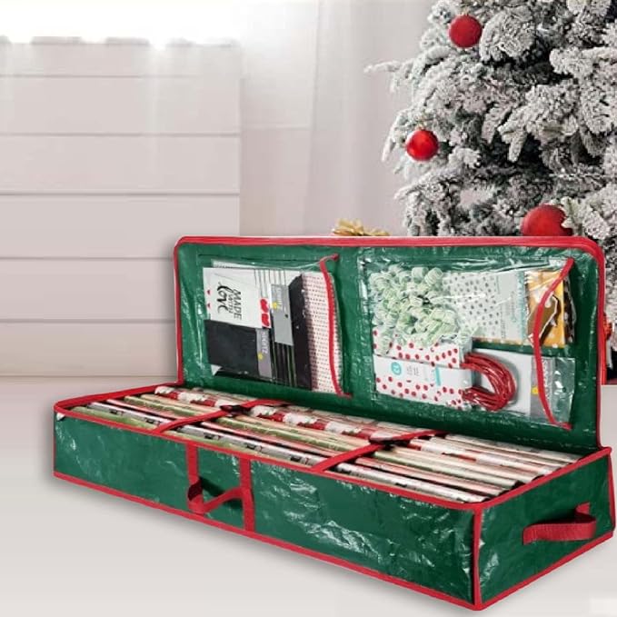 AOLHXY Gift Wrap Organizer, christmas storage under bed,Christmas Wrapping Paper Storage Bag Useful Pockets for Xmas Accessories, Large Capacity Storage Box,Holiday Accessories
