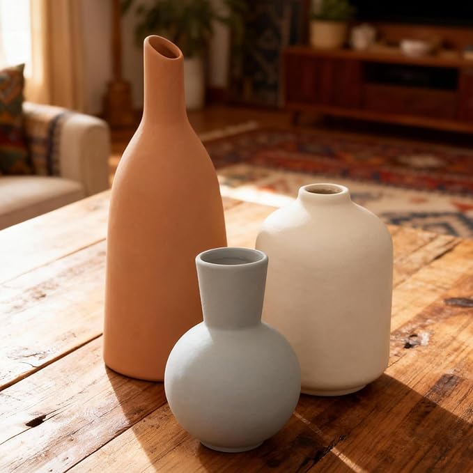 Ceramic Vase Home Table Decor, Pottery Boho Rustic Farmhouse Decor, Small Vases for Coffee & Dinner Table, Mantel, Shelf - Home Decor for Living Room, Bedroom, Office