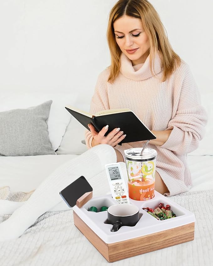 Couch Cup Holder Tray, Silicone Acacia Wooden Couch Caddy with Cup Holder for Snacks, Drinks, Remotes, Waterproof Cup Holder for Couch, Organizer, Couch Drink Holder, Pillow, Easter Gifts
