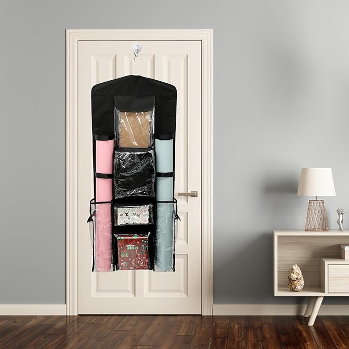 Wrapping Paper Storage - Double-Sided Hanging Wrap Organizer, Compartmental Wrap Organizer Holder, Wrapping Paper Storage Containers, Behind The Door Storage for Kitchen Bedroom Closet (Black)