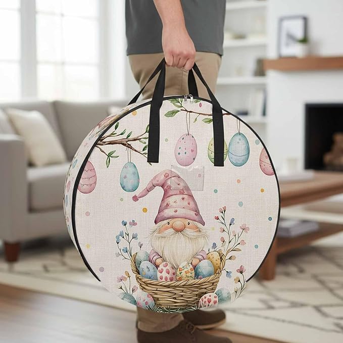 Easter Basket Gnome Round Storage Bag 24 Inch, Vintage Pink Blue Eggs Branch Spring Floral Linen Clothes Storage Container with Handles Heavy Duty Organizer for Comforter, Bedding & Holiday Wreaths