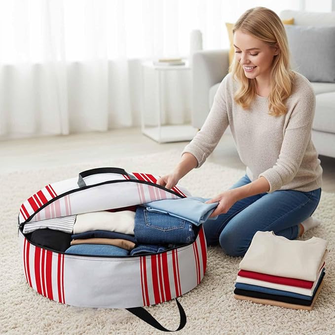 Storage Bag Red Stripes Round Storage Totes Bins Closet Organizers with Zippers & Handle Simple Style Clothes Storage Container for Bedroom Dorm Space Saving Packing Supplies Moving Bags