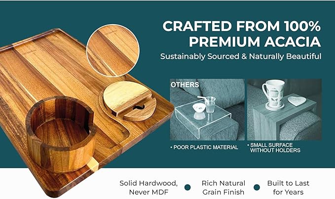 Couch Arm Table | XL Acacia Wood Folding Sofa Side Tray | 15.8" x 11.8" | Cup & Phone Holder | Adjustable Clip on TV Caddy Armrest Tray | Perfect for Eating Dinner & Snacks | Thin Foldable Organizer