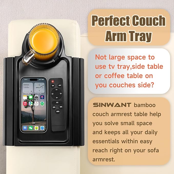 SINWANT Couch Cup Holder Tray,Foldable Sofa Arm Clip on Tray Table with 360° Rotation Cup Holder,Bamboo Anti-Slip Couch Armrest Table for Coffee Cup,Water Bottles,Mug,Snacks,Remote on Large Armrest