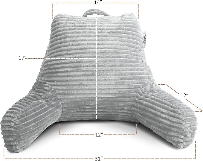 Clara Clark Reading Pillow for Bed Adult–Back Pillow for Sitting in Bed, Standard Plush Bed Pillows for Sitting Up in Bed, Shredded Foam Bed Chair Pillow with Arms and Pockets, Silver Bed Rest Pillow