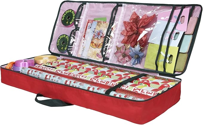 Primode Christmas Wrapping Paper Storage Bag with Pockets | Gift Wrap Organizer Container | 37” x 14” x 4” | Underbed Durable Box Made of 600D Oxford Material (Red)