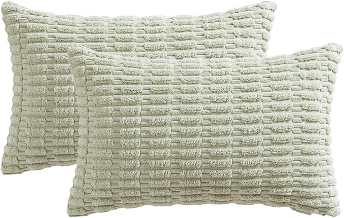 MIULEE Pack of 2 Spring Corduroy Decorative Lumbar Throw Pillow Covers 20x12 Inch Soft Boho Striped Pillow Covers Modern Farmhouse Home Decor for Summer Sofa Living Room Couch Bed Light Green