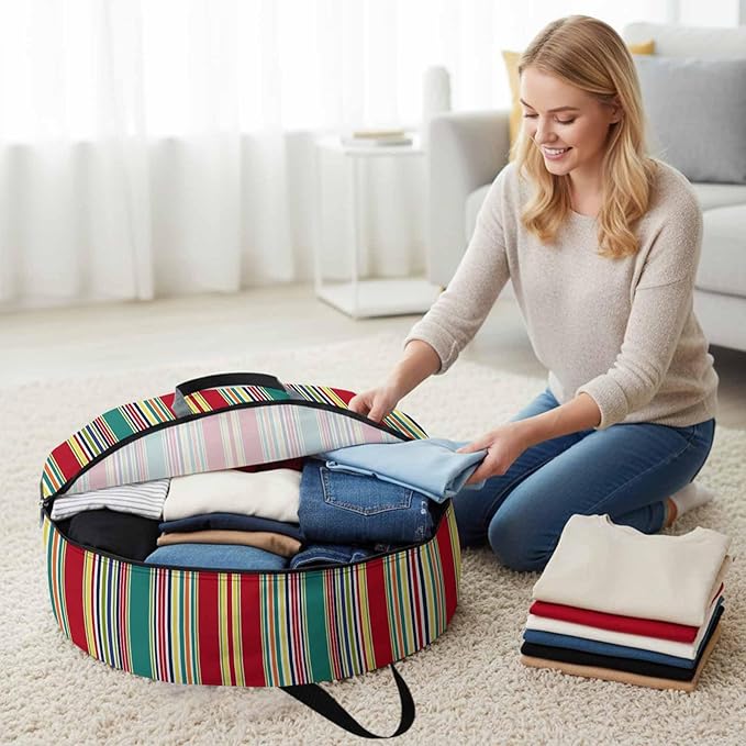 Storage Bag Red Striped Round Storage Totes Bins Closet Organizers with Zippers & Handle Geometric Green Yellow Stripes Clothes Storage Container for Bedroom Dorm Space Saving Packing Supplies Bags
