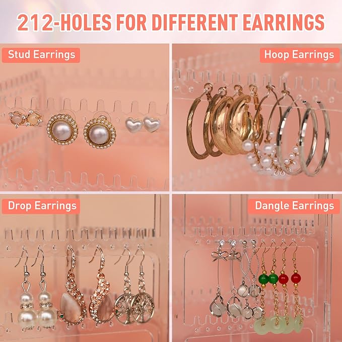 17Dec 360 Rotating Earring Holder Organizer Stand,5 Tiers Acrylic Jewelry Organizers and Storage,Stud Earring Organizers and Storage,212 Holes and 212 Grooves for Earrings Necklaces chain bracelet