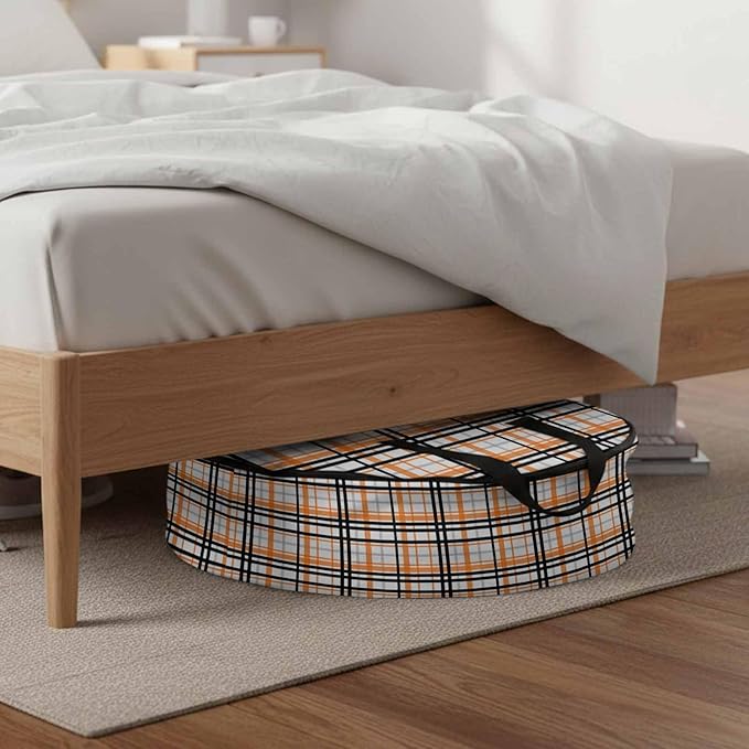 Storage Bag Orange Buffalo Plaid Round Storage Totes Bins Closet Organizers with Zippers & Handle Black Check Stripe Clothes Storage Container for Bedroom Dorm Space Saving Packing Supplies Bags