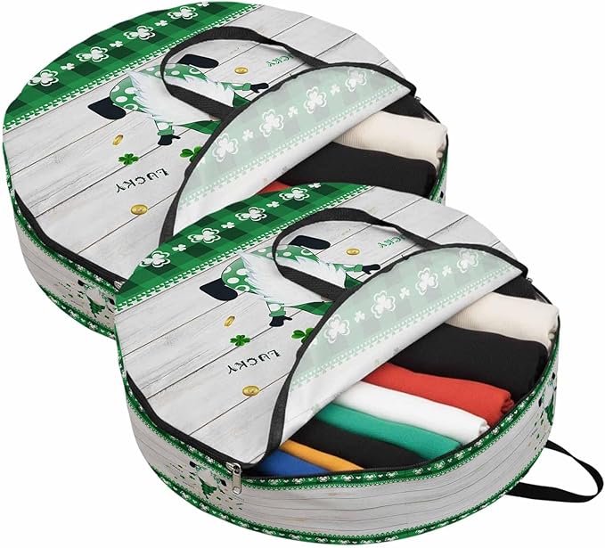 36 Inch Round Storage Bag 2 Pack,St. Patrick Irish Gnomes Wood Board Coin Waterproof Wreath Storage Container with Handles&Zipper Buffalo Tartan Closet Organizer Bags Garland Box