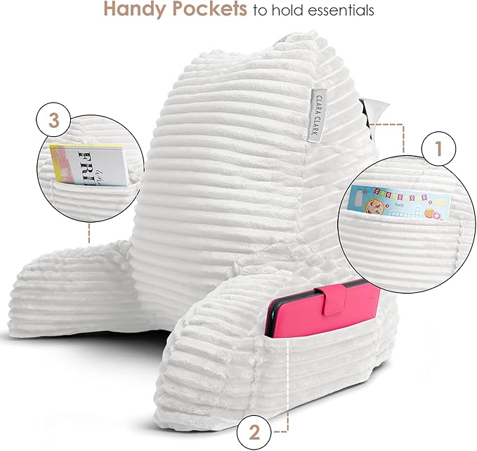 Clara Clark Reading Pillow for Bed Adult –Back Pillow for Sitting in Bed, Standard Plush Bed Pillows for Sitting Up in Bed, Shredded Foam Bed Chair Pillow with Arms and Pockets, White Bed Rest Pillow