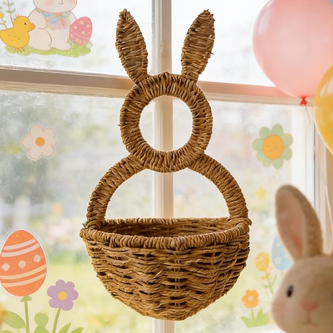 Easter Bunny Wall Basket, 15.8x7.9x3.9 Inch Natural Wicker Woven Rattan Porch Wall Pocket With Rabbit Ears, Decorative Storage Basket, Farmhouse Spring Home Decor