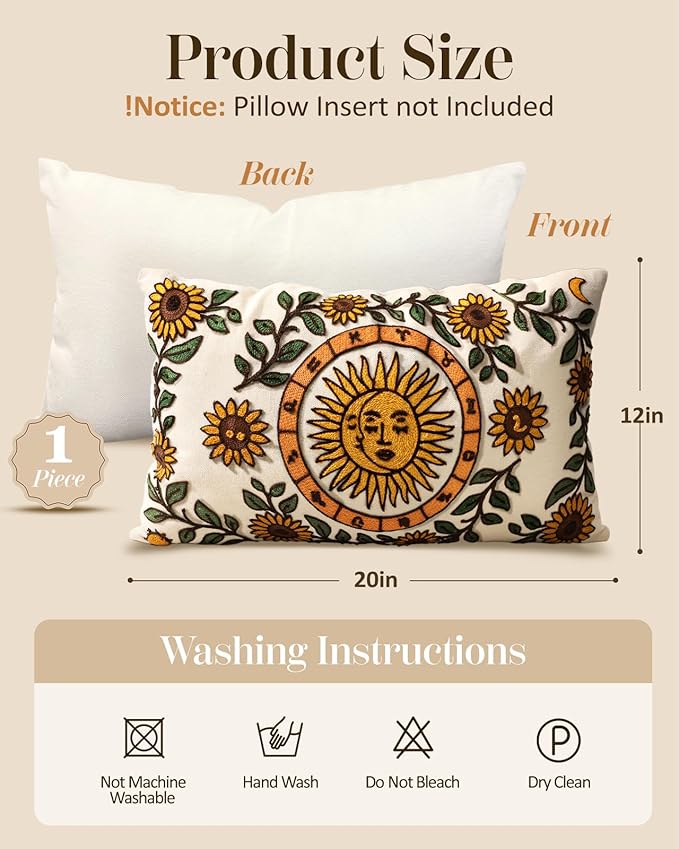 Embroidered Lumbar Pillow Cover 20x12 Inch - Spring Summer Boho Decorative Pillow Cover with Zipper for Living Room Couch Sofa Bed Aesthetic Design Sunflower Moon Cushion Pillowcase
