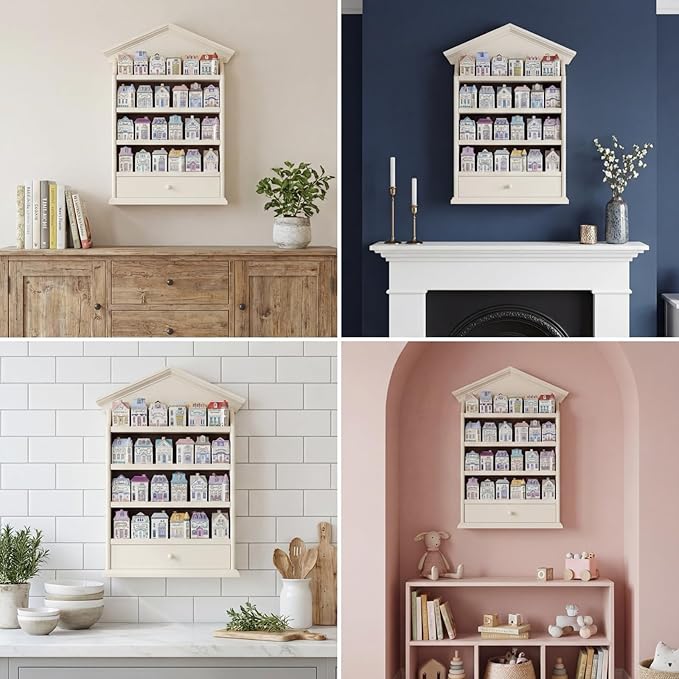 Chunful Vintage Spice Jar Wooden Rack with 4 Shelves and Drawer Hanging Spice Rack Wall Mounting Kitchen Storage Village Style Display Shelf for 24 Jars, Shelf Only(Stylish)